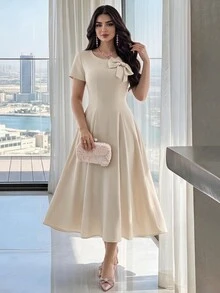 Modelyn Women's Elegant Solid Color Bow Decor Mid-Length Dress, Summer,Dresses For Women Summer - Apricot - View 1