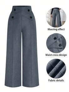 Rometta Plus Size Women Button Waist Criss-Cross Design Straight Leg Casual Pants Fall Cloth For Women - Navy Blue - View 2