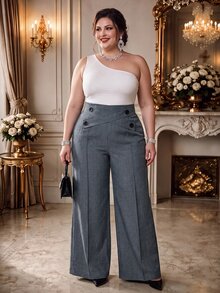 Rometta Plus Size Women Button Waist Criss-Cross Design Straight Leg Casual Pants Fall Cloth For Women - Navy Blue - View 1