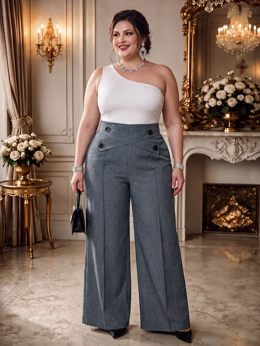 Rometta Plus Size Women Button Waist Criss-Cross Design Straight Leg Casual Pants Fall Cloth For Women - Navy Blue - View 1