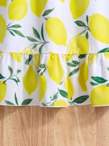 SHEIN Tween Girl Summer Lemon Print Suspender Mini Dress, White And Yellow, Boho Tropical Cute, Holiday, Vacation, Outfit - Multicolor - View 5