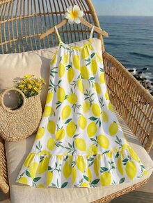 SHEIN Tween Girl Summer Lemon Print Suspender Mini Dress, White And Yellow, Boho Tropical Cute, Holiday, Vacation, Outfit - Multicolor - View 10