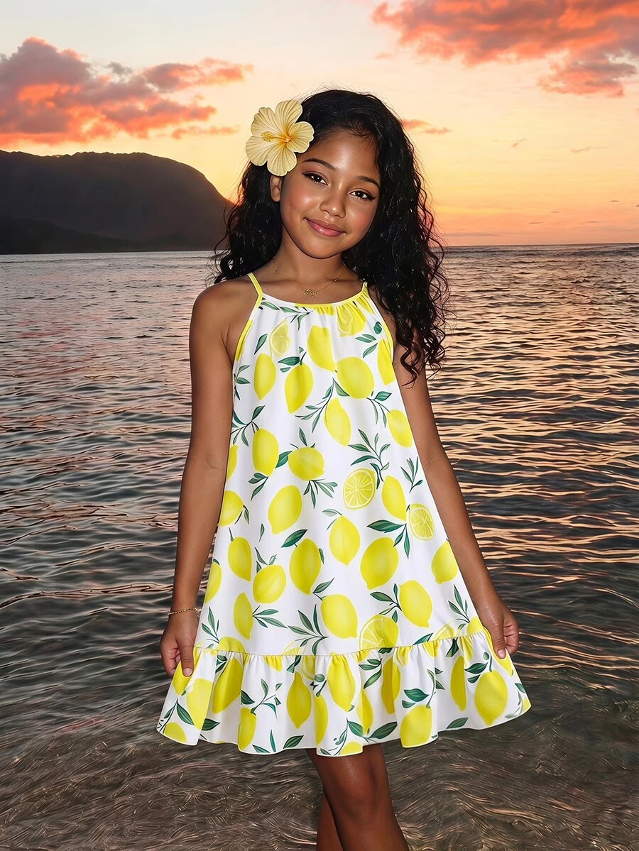 SHEIN Tween Girl Summer Lemon Print Suspender Mini Dress, White And Yellow, Boho Tropical Cute, Holiday, Vacation, Outfit