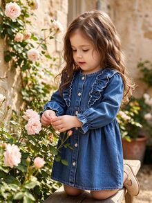 SHEIN 1pc Toddler Baby Girl Denim Ruffle Dress Sweet Princess Blue Denim Button Ruffle Trim Pleated Long Sleeve Round Neck Birthday Party Fall Holiday Cozy - Light Wash - View 2