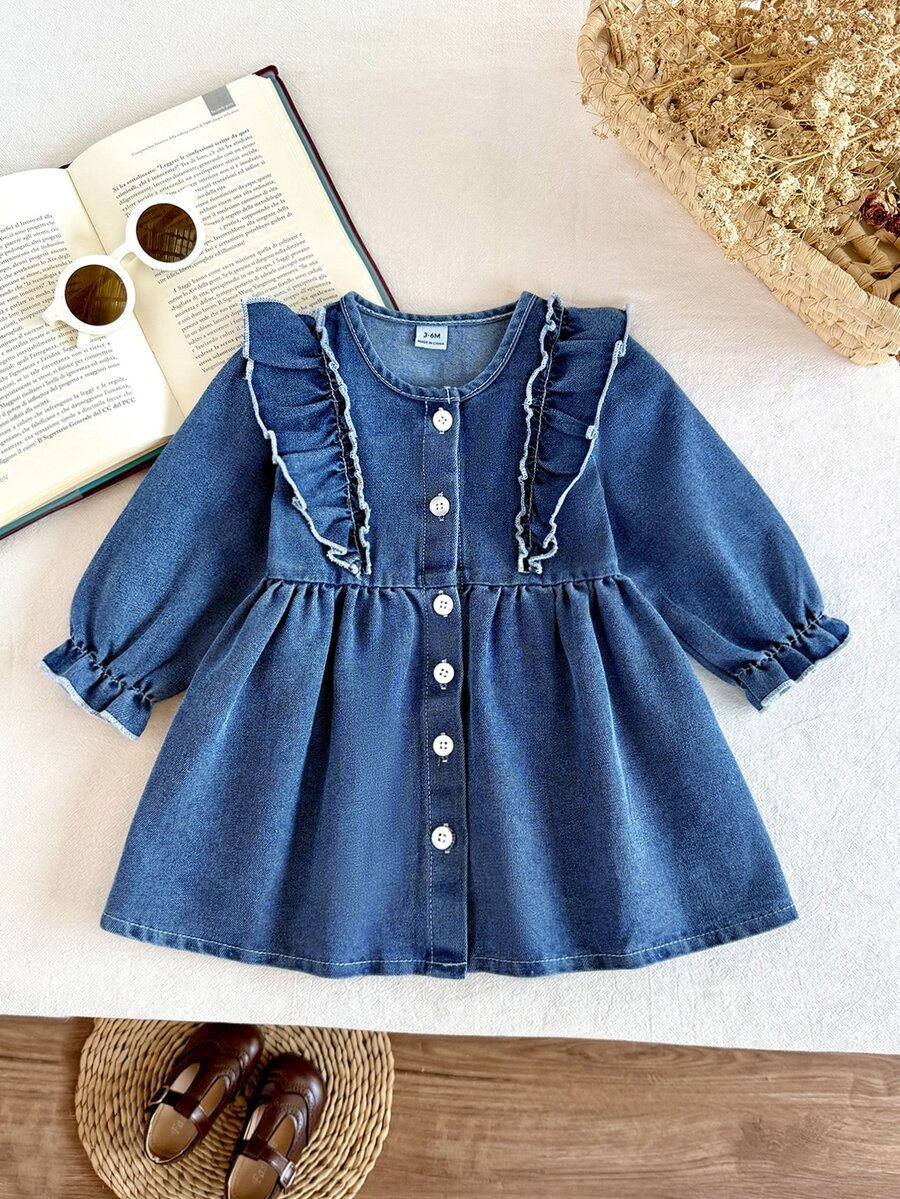 SHEIN 1pc Toddler Baby Girl Denim Ruffle Dress Sweet Princess Blue Denim Button Ruffle Trim Pleated Long Sleeve Round Neck Birthday Party Fall Holiday Cozy - Light Wash - View 1