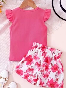 SHEIN 2件組少女荷葉邊圓領羅紋T恤與花卉印花短褲，棕色白色，夏季，套裝，家庭度假休閒穿搭 - 玫紅色 - 查看 3