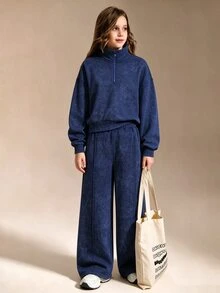 SHEIN 女童休閒運動兩件套，長袖抓絨衛衣短褲套裝，秋季穿搭，春夏秋冬適用，校園與校外穿搭，棕色 - 藍色 - 查看 7