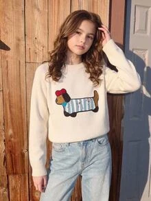 SHEIN 青少年女孩秋冬毛衣，奶油色圓領長袖貼花刺繡針織套頭衫，休閒百搭柔軟舒適保暖上衣，適合學校與日常穿著 - 米色 - 查看 3