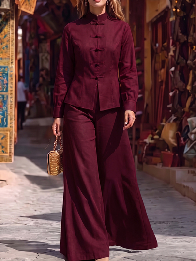 Velvienne Burgundy New Chinese Style Frog Button Stand Collar Long Sleeve Top & Wide Leg Pants 2 Pieces Set For Women, Elegant Elegant, Spring/Autumn New Style, Suitable For Travel, Party, Wedding Guest Outfit