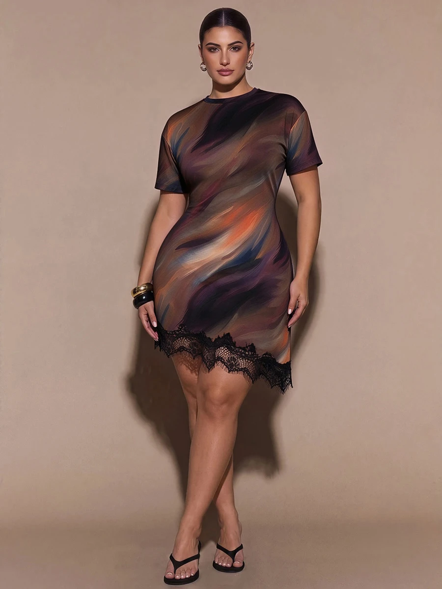 SHEIN BAE CURVE 優雅浪漫大尺碼不對稱蕾絲飾邊洋裝,適合派對、約會 - 彩色 - 查看 1