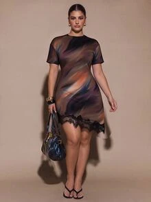 SHEIN BAE CURVE 優雅浪漫大尺碼不對稱蕾絲飾邊洋裝，適合派對、約會 - 彩色 - 查看 8