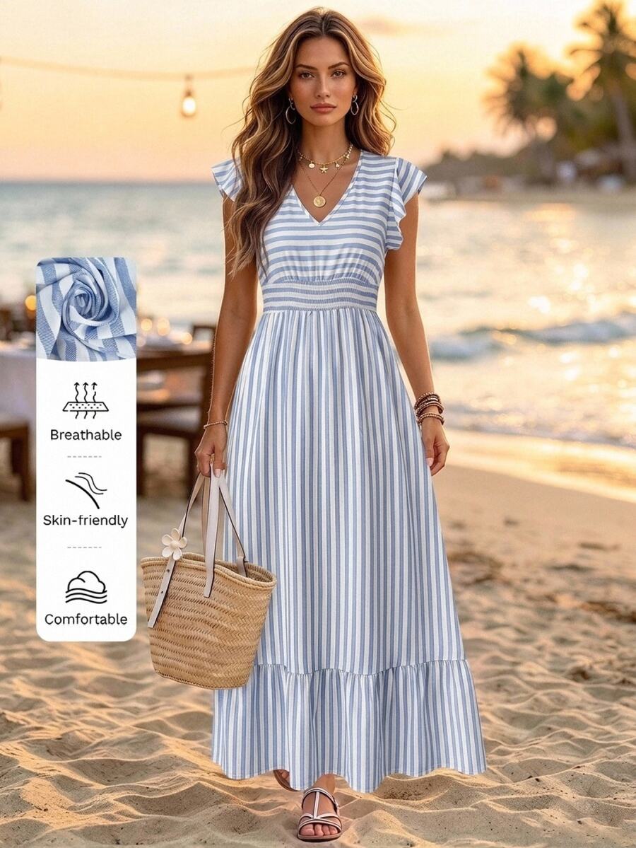 Sylviya 女款休閒海濱風性感熱帶度假夏季短袖條紋洋裝套裝，適合海灘度假、上班、郵輪旅行，花卉藍白條紋