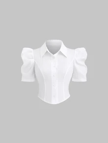 Sweetra Simple White Gigot Sleeve Blouse For Women,Summer Office Commute Wear - White - View 3
