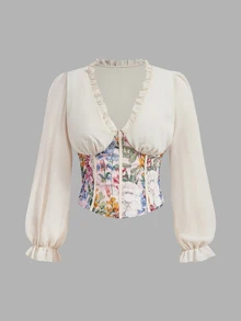 SHEIN MOD Plus Size Vintage Print Patchwork Chiffon Blouse, Early Autumn Outfit, Retro Style, Romantic Print Top, Autumn/Summer Outing Top Fall - Apricot - View 2