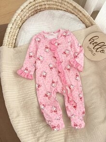SHEIN Newborn Cute Animal Print Kids Kids Kids Ruffle Trim Patchwork Thick Elastic Open Front Footed Autumn Romper Wear Suitable For Winter - Pink - View 5