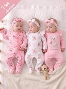 SHEIN Newborn Cute Animal Print Kids Kids Kids Ruffle Trim Patchwork Thick Elastic Open Front Footed Autumn Romper Wear Suitable For Winter - Pink - View 6