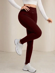 Seusyu 女款腰部鈕扣設計百搭休閒舒適內搭褲 - 酒紅色 - 查看 4