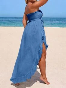 SHEIN Swim Plus Size Women's Strapless Crop Top Dress, Sun Protection Dress With Side Slit And Lotus Leaf Hem - Blue - View 2
