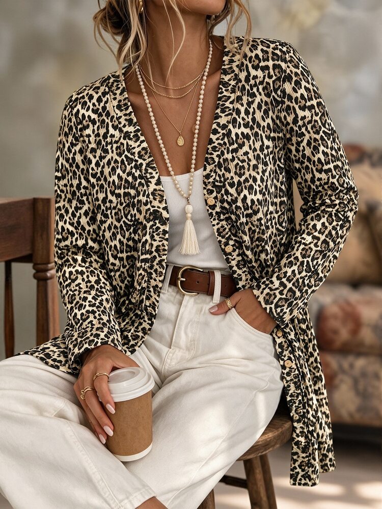 Flirla Women's Plus Size Vintage Leopard Print V-Neck Button Front Jacket, Simple Long Sleeve Straight Cut Loose Fit, Street Casual Style, Suitable For Daily Wear, Holiday Outings, Shopping, Friends Gatherings, Casual Outfits - Black - View 5