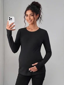 SHEIN Black Long Sleeve Maternity Sports Top With Hollow Back Design, Criss-Cross Hem And Slim Fit, Combining Fashion And Functionality - Black - View 3