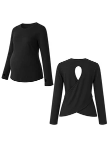 SHEIN Black Long Sleeve Maternity Sports Top With Hollow Back Design, Criss-Cross Hem And Slim Fit, Combining Fashion And Functionality - Black - View 7