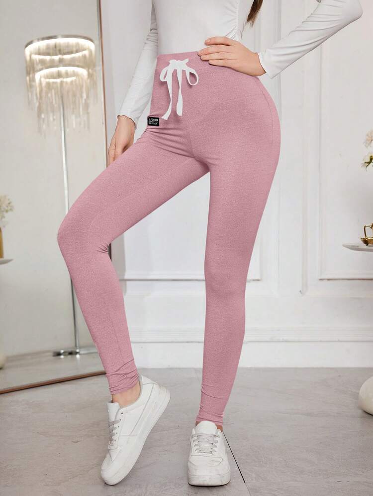 Seusyu Women's Solid Color Drawstring Waist Letter Printing Slim Fit Comfortable High Stretch Lift Butt Leggings Fall Cloth For Women - Pink - View 5