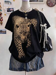 SHEIN Sweetra Young 青少年女孩數位豹虎印花短袖T恤，春夏休閒Y2K可愛街頭風海灘派對，正式黑色 - 彩色 - 查看 3