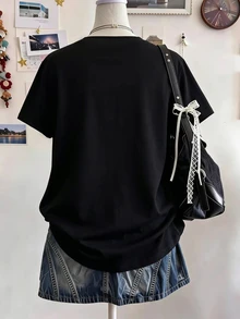 SHEIN Sweetra Young 青少年女孩數位豹虎印花短袖T恤，春夏休閒Y2K可愛街頭風海灘派對，正式黑色 - 彩色 - 查看 2