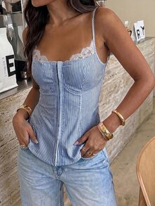 SHEIN Franclia Y2K復古夏季女款藍白條紋對比蕾絲鈕扣細肩帶背心，優雅度假短版上衣，適合派對、夜店及日常穿著 - 藍色 - 查看 4