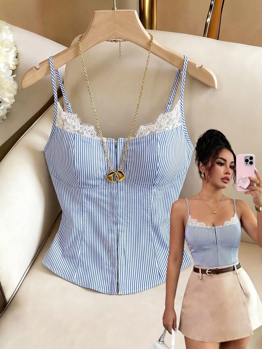 SHEIN Franclia Y2K復古夏季女款藍白條紋對比蕾絲鈕扣細肩帶背心,優雅度假短版上衣,適合派對、夜店及日常穿著 - 藍色 - 查看 1