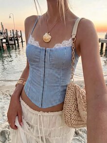 SHEIN Franclia Y2K復古夏季女款藍白條紋對比蕾絲鈕扣細肩帶背心，優雅度假短版上衣，適合派對、夜店及日常穿著 - 藍色 - 查看 7