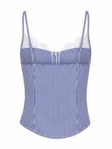 SHEIN Franclia Y2K復古夏季女款藍白條紋對比蕾絲鈕扣細肩帶背心，優雅度假短版上衣，適合派對、夜店及日常穿著 - 藍色 - 查看 9