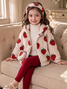 SHEIN 女童冬季保暖內裡可愛甜美Y2K草莓毛絨帽子與夾克外套，附斜背小包，2件套 - 紅色 - 查看 1