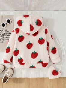 SHEIN 女童冬季保暖內裡可愛甜美Y2K草莓毛絨帽子與夾克外套，附斜背小包，2件套 - 紅色 - 查看 5