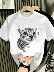 Manfinity Hypemode Men's Cat Pattern Casual Daily Short Sleeve T-Shirt - White - View 1