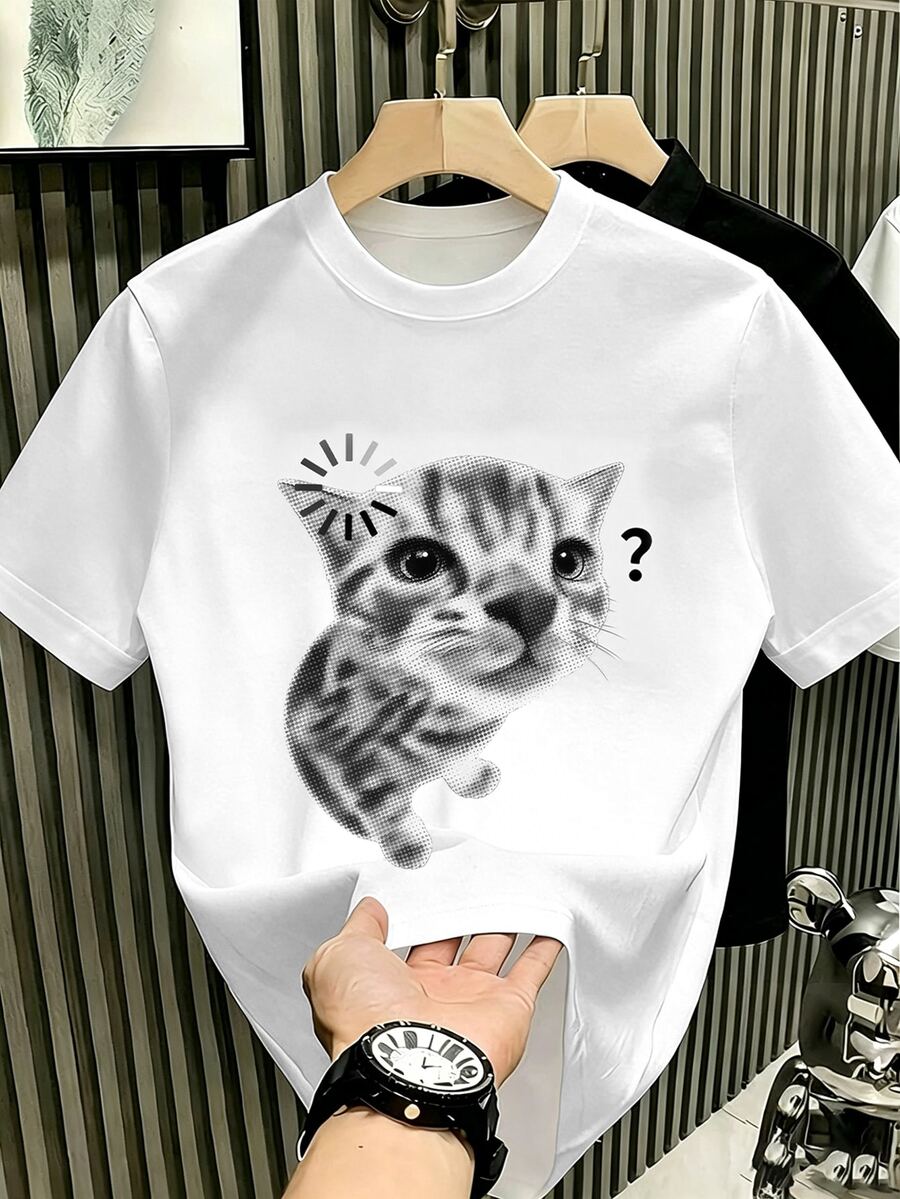 Manfinity Hypemode Men's Cat Pattern Casual Daily Short Sleeve T-Shirt - White - View 1