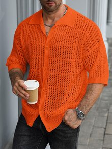 Claim Dot Men's Plus Size Solid Color Short Sleeve Single Breasted Casual Knit Cardigan Vacation Orange Red Summer Vacation Vacation - Orange - View 7