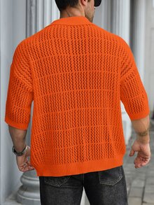 Claim Dot Men's Plus Size Solid Color Short Sleeve Single Breasted Casual Knit Cardigan Vacation Orange Red Summer Vacation Vacation - Orange - View 2