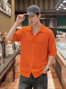 Claim Dot Men's Plus Size Solid Color Short Sleeve Single Breasted Casual Knit Cardigan Vacation Orange Red Summer Vacation Vacation - Orange - View 1