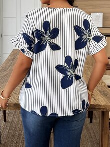 Weeklong Plus Size Women's Casual Elegant Floral Puff Sleeve Striped Printed Vacation Shirt, Spring/Summer Evening Office White Chic - Multicolor - View 2
