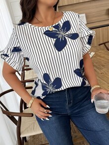 Weeklong Plus Size Women's Casual Elegant Floral Puff Sleeve Striped Printed Vacation Shirt, Spring/Summer Evening Office White Chic - Multicolor - View 5