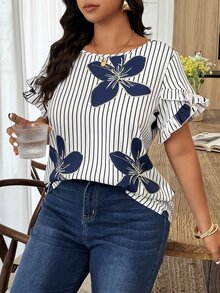 Weeklong Plus Size Women's Casual Elegant Floral Puff Sleeve Striped Printed Vacation Shirt, Spring/Summer Evening Office White Chic - Multicolor - View 3