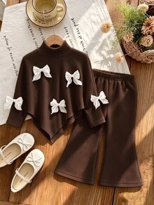 SHEIN 女童春秋冬休閒棕色兩件套，不對稱高領長袖針織上衣配白色3D蝴蝶結裝飾，搭配棕色休閒喇叭褲，優雅大方，適合返校、日常穿著、外出、聚會等多種場合 - 棕色 - 查看 4
