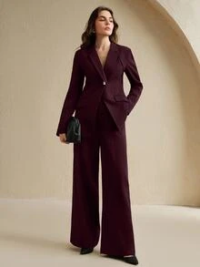 Anewsta 优雅酒红色商务休闲女士西装外套，收腰设计，长袖 - 酒紅色 - 查看 3