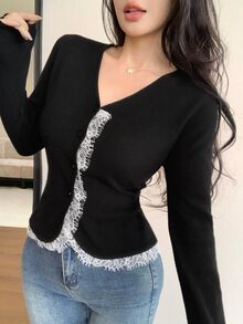 Seusyu Women's Lace Trim Button Front Long Sleeve Cardigan, Black, Autumn/Winter - Black - View 1