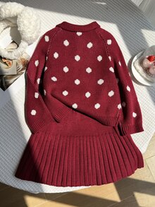 Young Girl Fashion Jacquard Long Sleeve Sweater And Pleated Mini Skirt Set For Outing Winter - Red - View 8