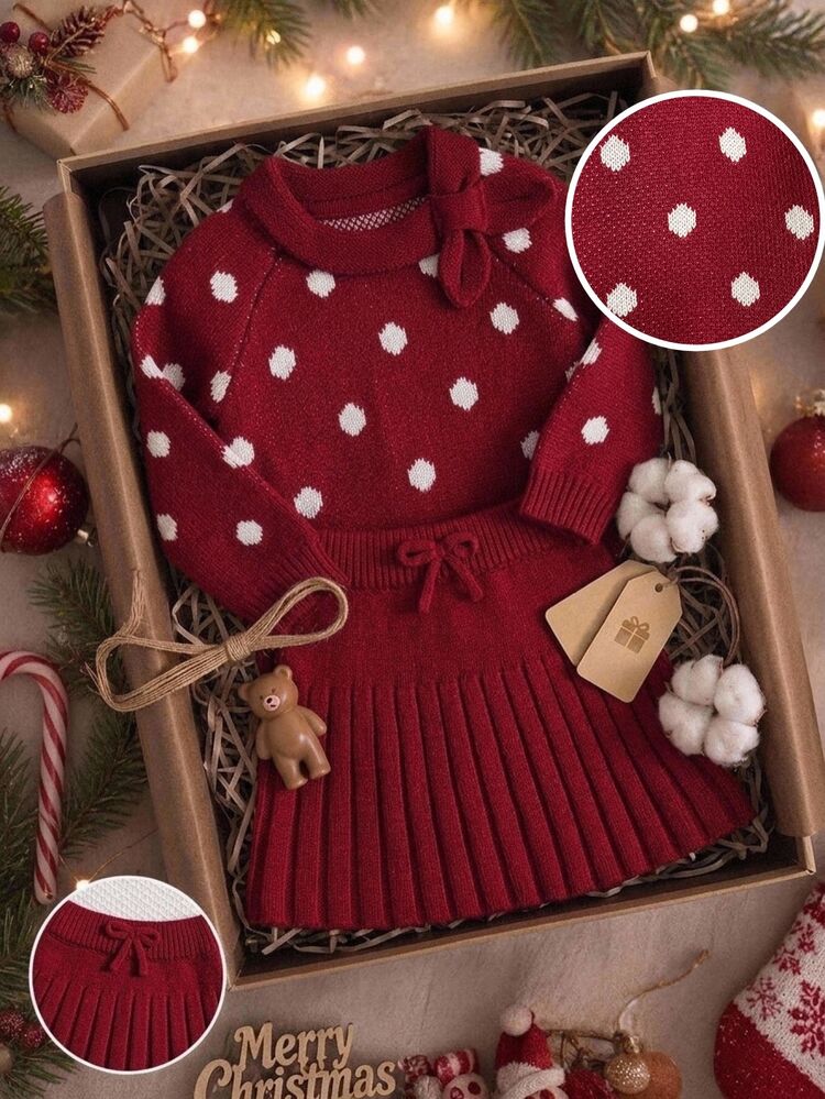 Young Girl Fashion Jacquard Long Sleeve Sweater And Pleated Mini Skirt Set For Outing Winter - Red - View 1