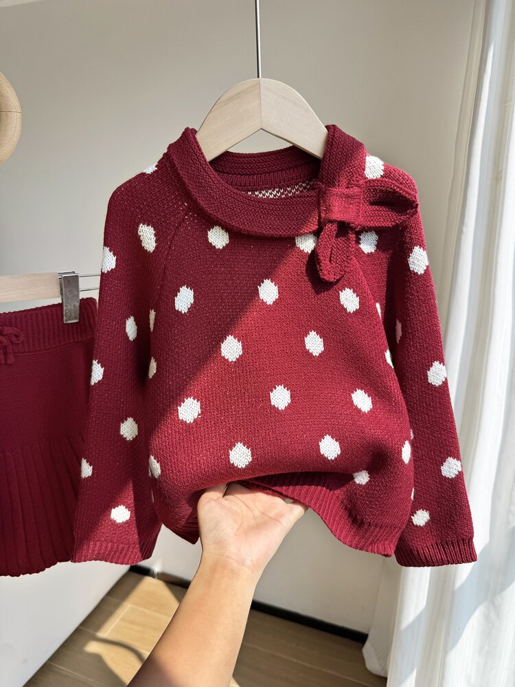 Young Girl Fashion Jacquard Long Sleeve Sweater And Pleated Mini Skirt Set For Outing Winter - Red - View 5