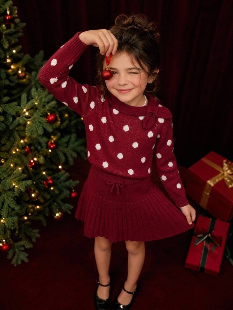 Young Girl Fashion Jacquard Long Sleeve Sweater And Pleated Mini Skirt Set For Outing Winter - Red - View 1