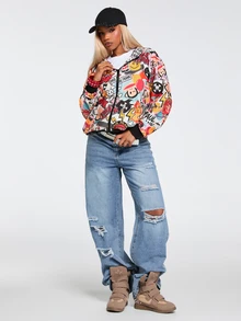 Paul Frank X ROMWE Fashion Street Graffiti Print Loose Open Front Sweatshirt - Multicolor - View 3